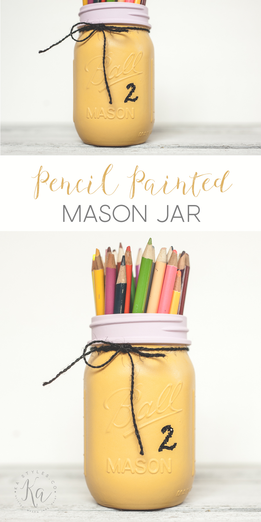 DIY Pencil painted mason jare perfect for a teacher or pencil artist. Using ckalky finish spray paint and a bit of glitter.
