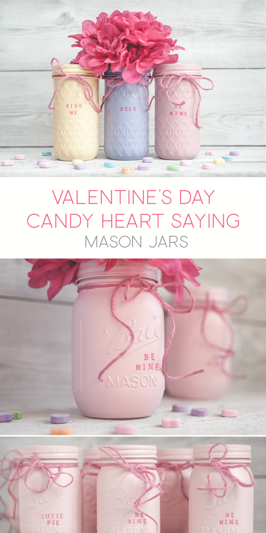 Hand stamped candy heart saying painted mason jar decor. Use for party favors, teachers gifts and more.