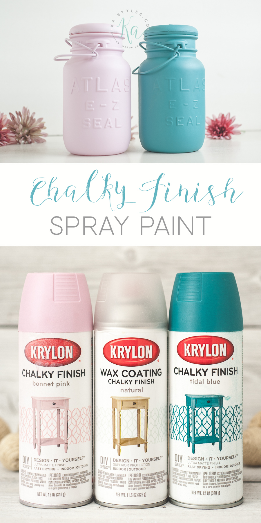 Krylon Chalky Finish spray paint. Pink, teal, gray and ivory.