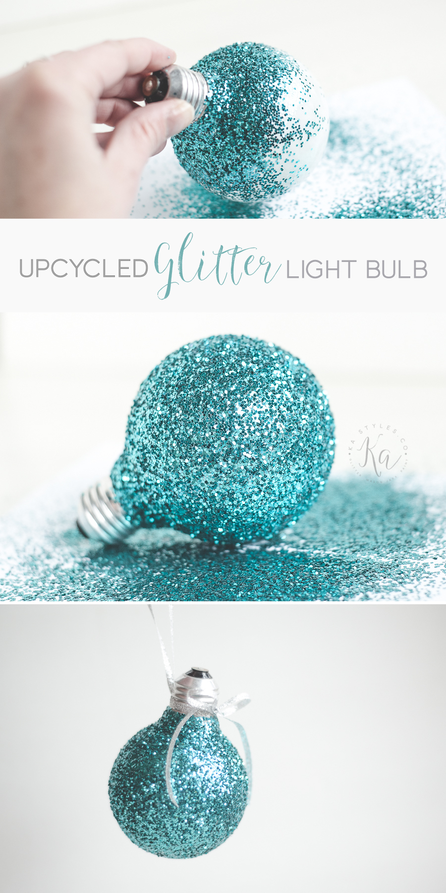 Upcycled glitter light bulb holiday ornament.