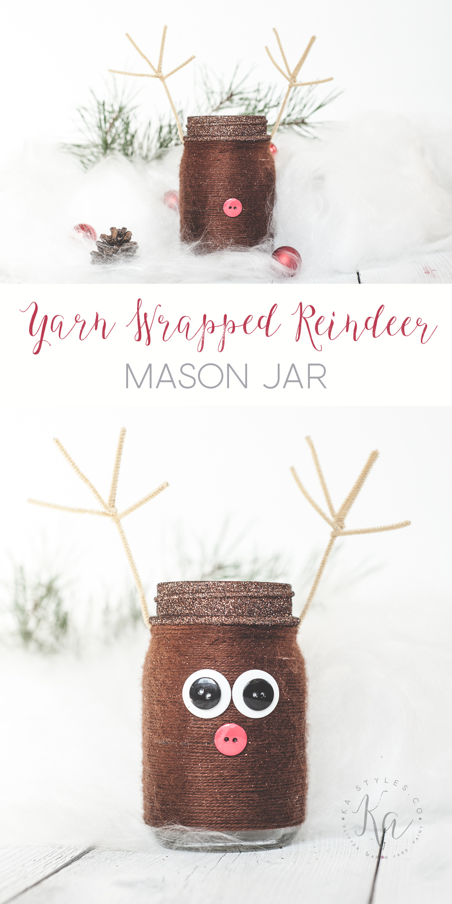 DIY yarn wrapped reinderr mason jar gift jar, luminary or decor.