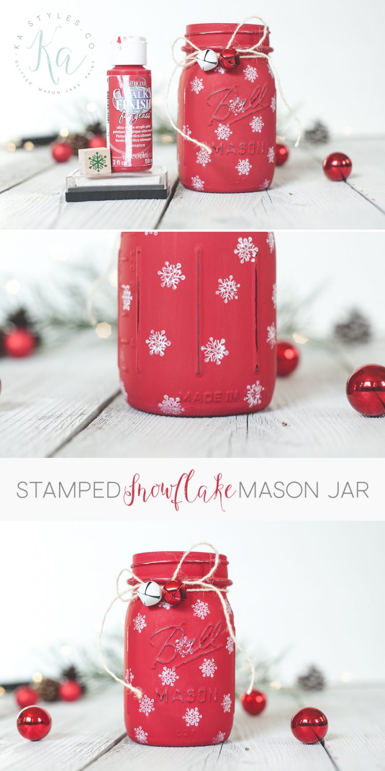 DIY stamped snowflake mason jar holiday decor.