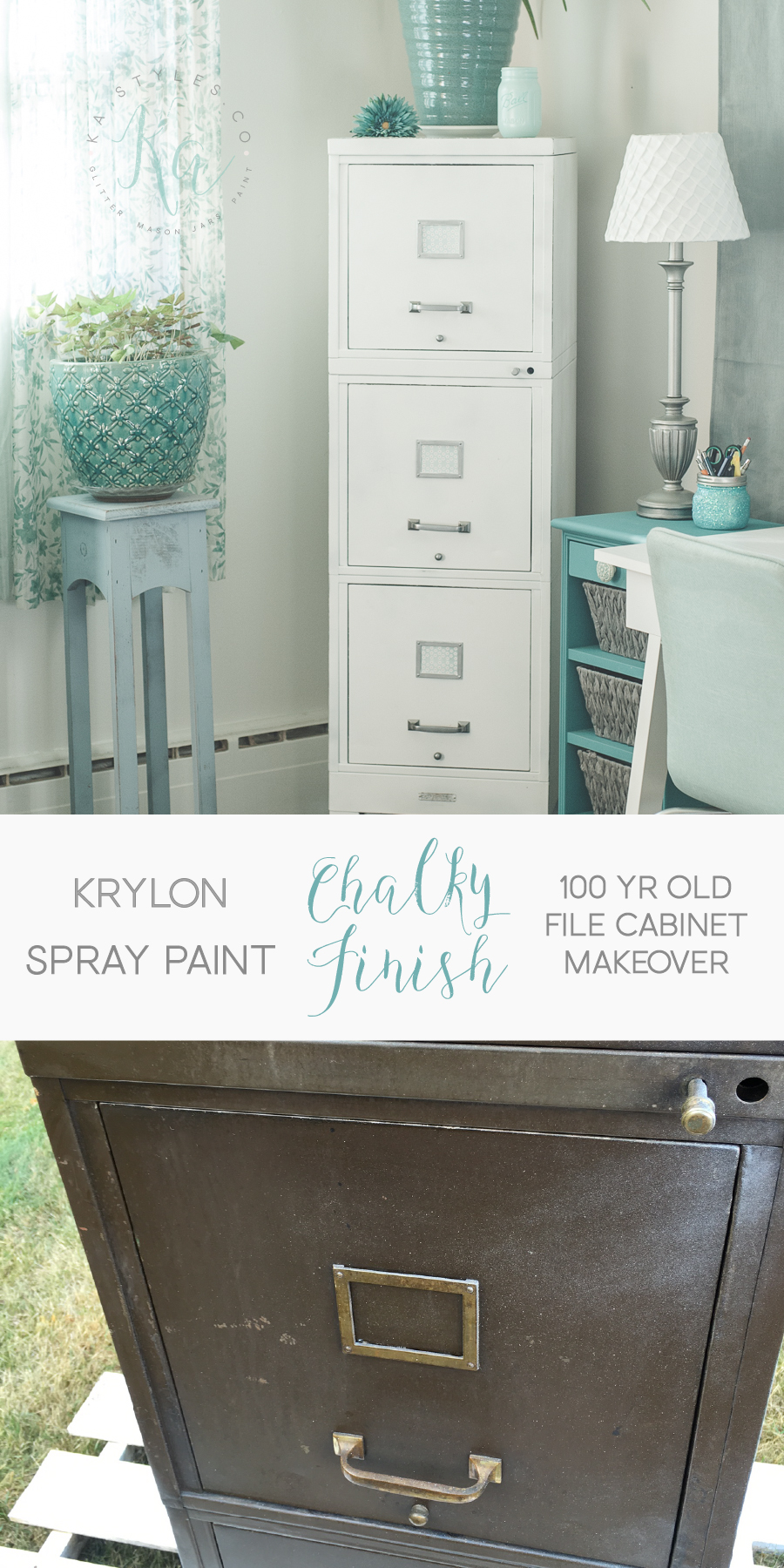Krylon Chalky Finish spray paint file cabinet makeover.