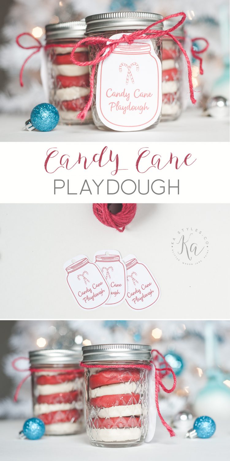 Homemade Candy Cane playdough with free printable mason jar tag.