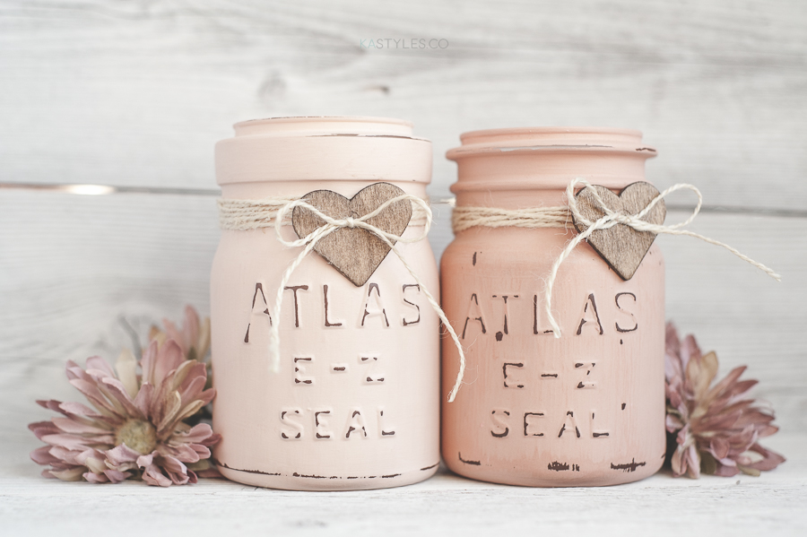Latex painted vintage mason jars for Valentine's Day decor.