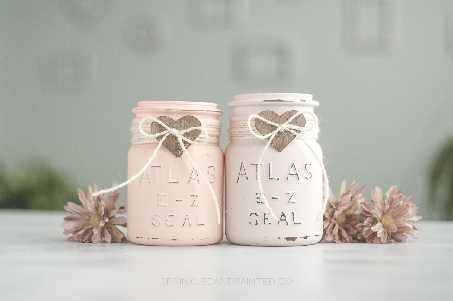 Vintage Valentines Day mason jars, blush pink.
