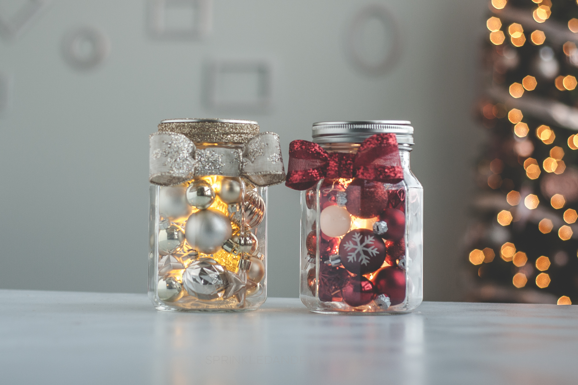 Ornament mason jars with LED lights.